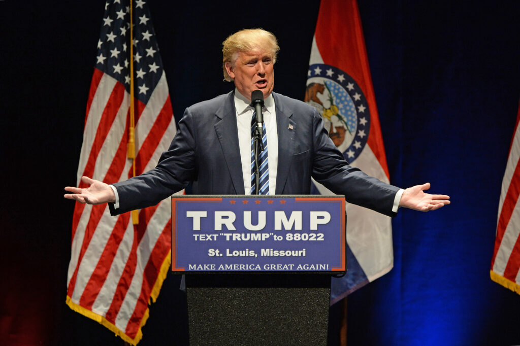 Saint Louis, MO, USA - March 11, 2016: Donald Trump addresses supporters at the Peabody Opera House in Downtown Saint Louis