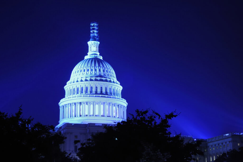 close up of US Capitol building at night