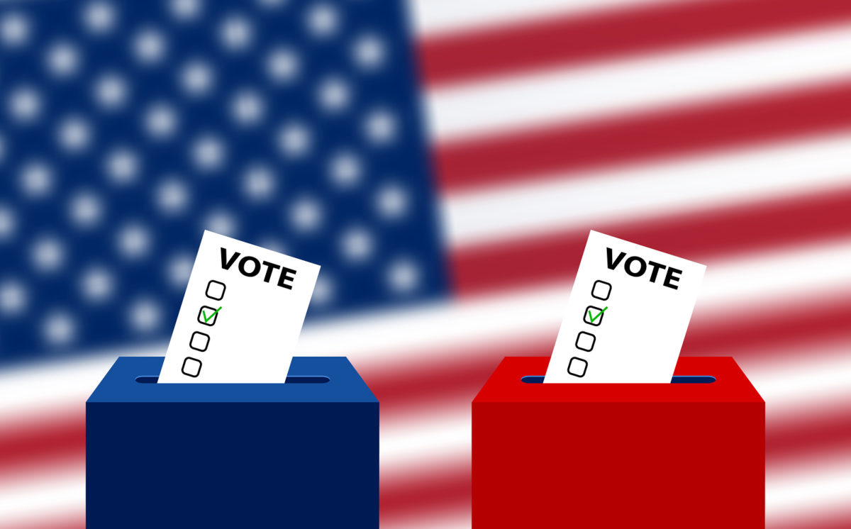 United States elections. US midterm elections 2018: the race for Congress. Elections to US Senate in 2018, preparation of vote against the background of a blurred American flag. Electoral Bulletin