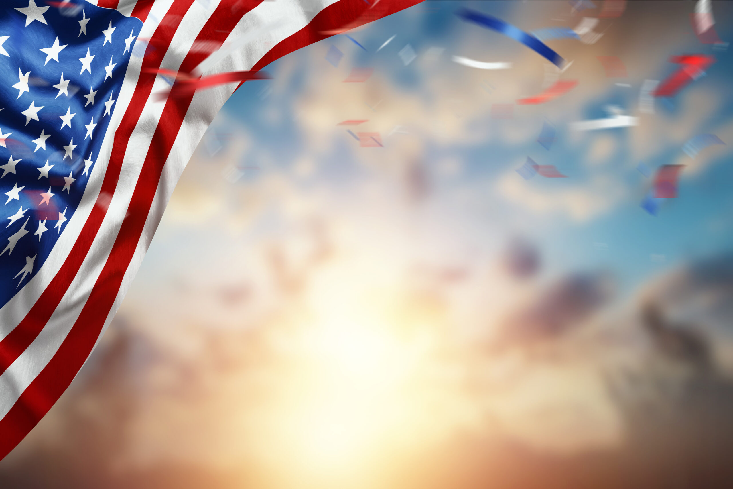 Creative Background, American Flag On Beautiful Sunset Backgroun Creative background, inscription 4th of July on wooden background, USA Independence Day, American flag. Independence Day Banner USA, postcard, democracy