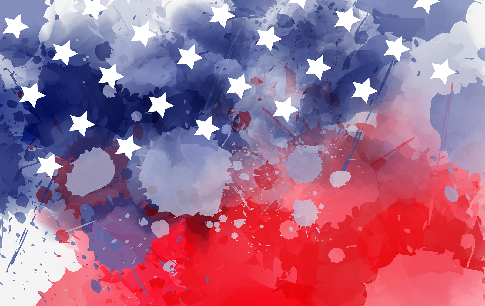 Abstract background banner with watercolor splashes in flag colors for USA. Template background for national holidays - Independence day, Memorial day, Labor day etc. Blue and red colored with stars.