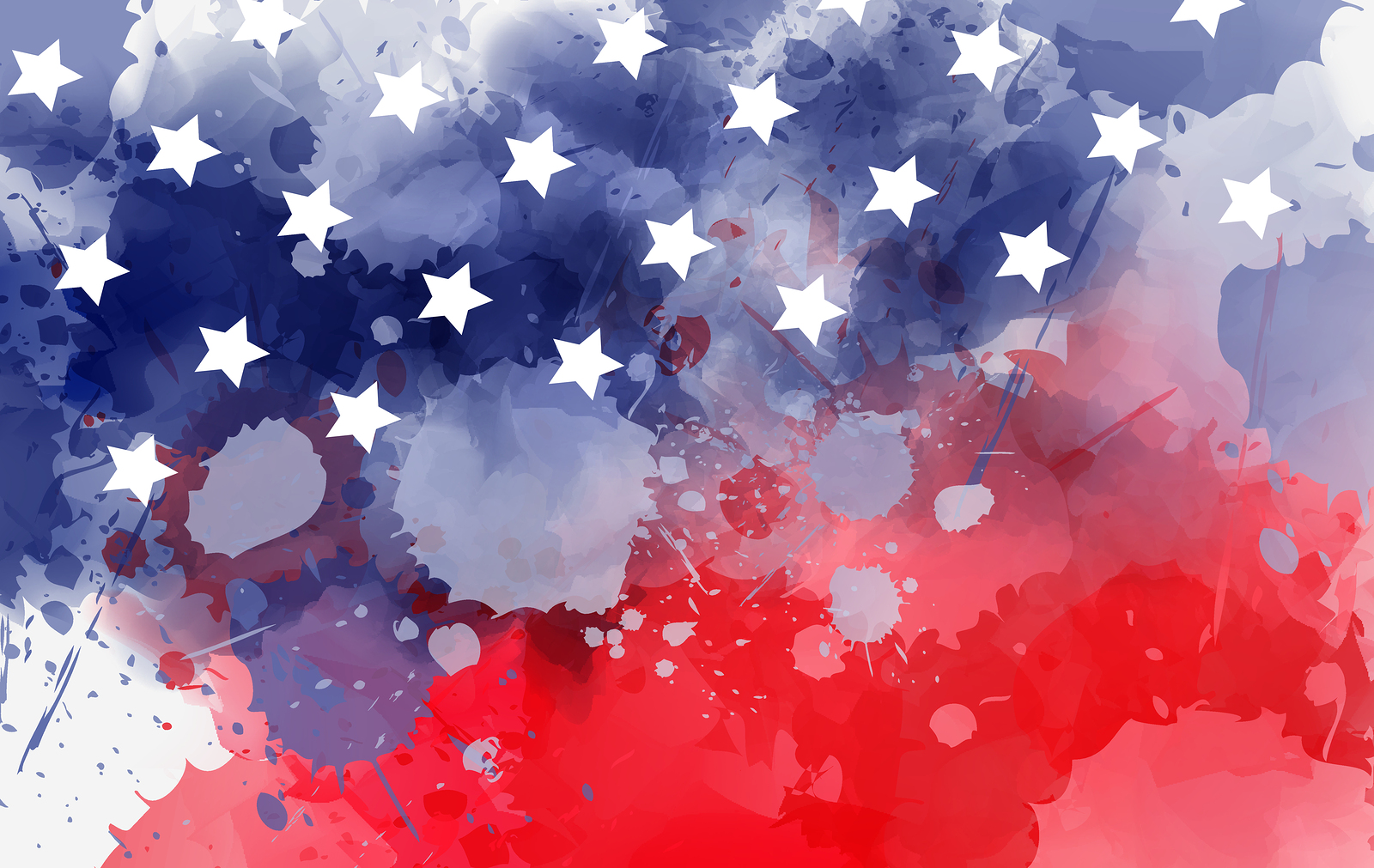 Abstract Background Banner With Watercolor Splashes In Flag Colo Abstract background banner with watercolor splashes in flag colors for USA. Template background for national holidays - Independence day, Memorial day, Labor day etc. Blue and red colored with stars.