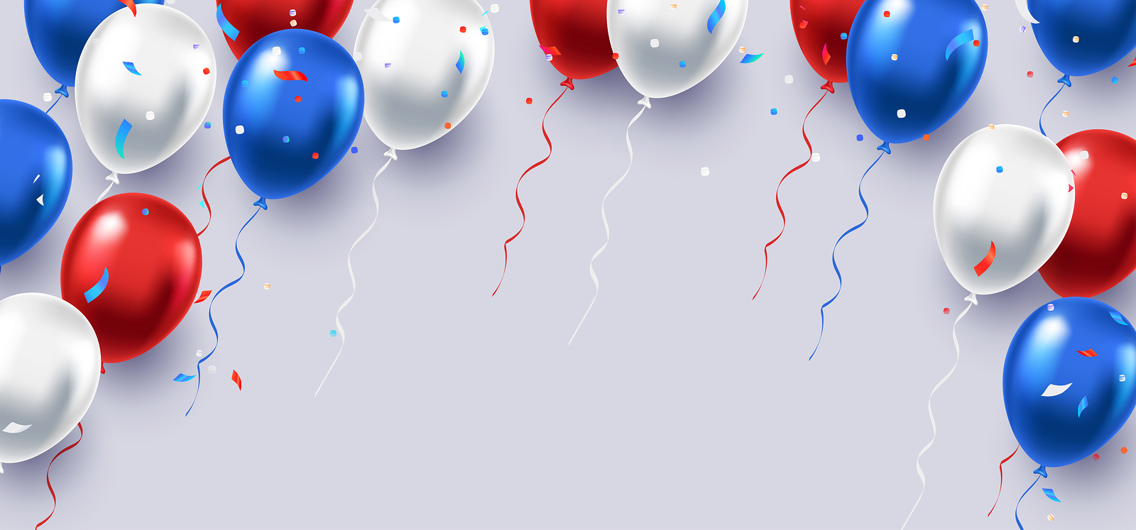 Formal Greeting Design In National Blue, Red And White Colors Wi Formal greeting design in national blue, red and white colors with realistic flying balloons. Celebration, festival background. Greeting banner or poster with white, blue, and red helium balloons.