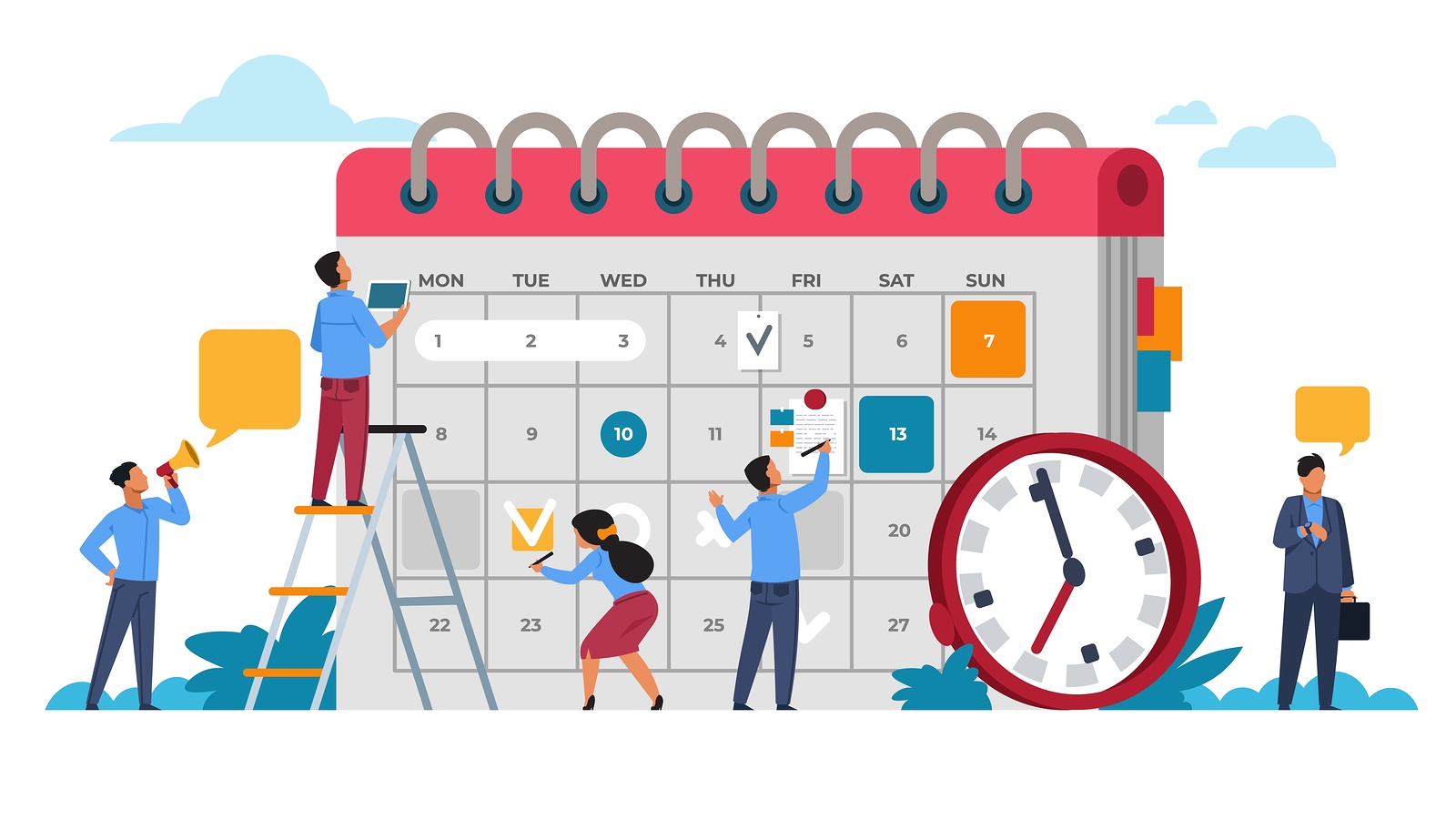 People Planning Concept. Entrepreneurship And Calendar Schedule People planning concept. Entrepreneurship and calendar schedule planning with filling course campaign. Vector illustrations business meeting and events organizing process office working